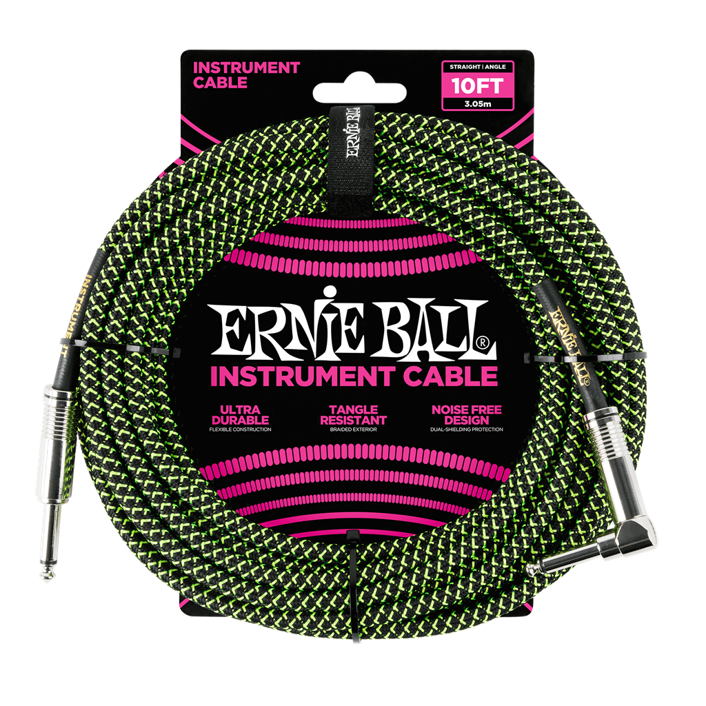 Ernie Ball Braided Cable Straight to Angled 10ft ~ Green