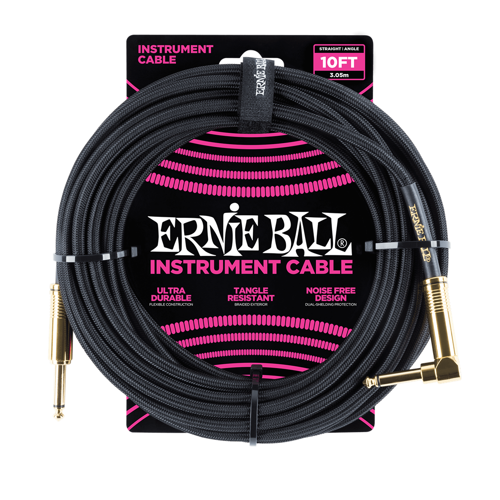Ernie Ball Braided Instrument Straight 1/4" Cable 10ft (Gold Ends) ~ Black