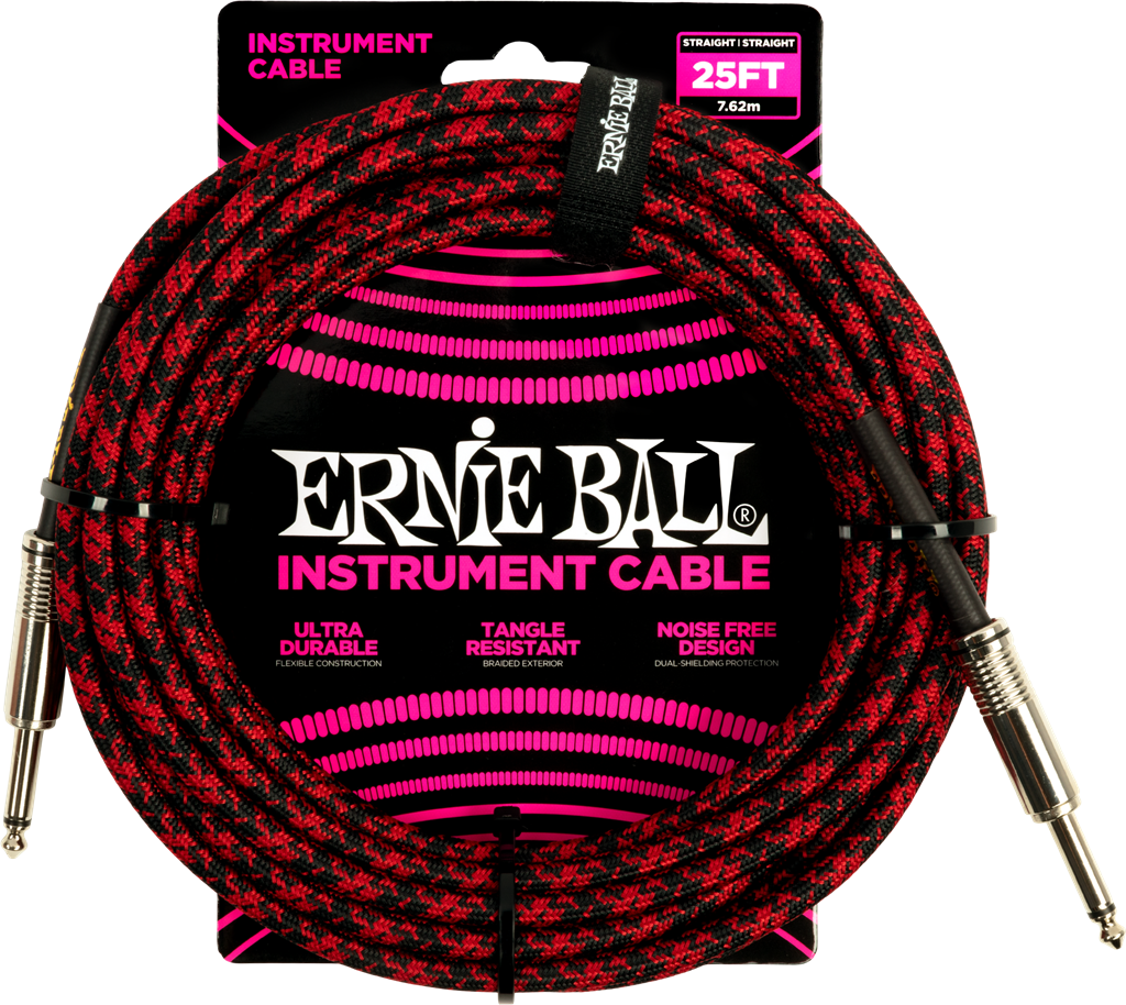 Ernie Ball Braided Instrument Straight 1/4" Cable 25ft ~ Red